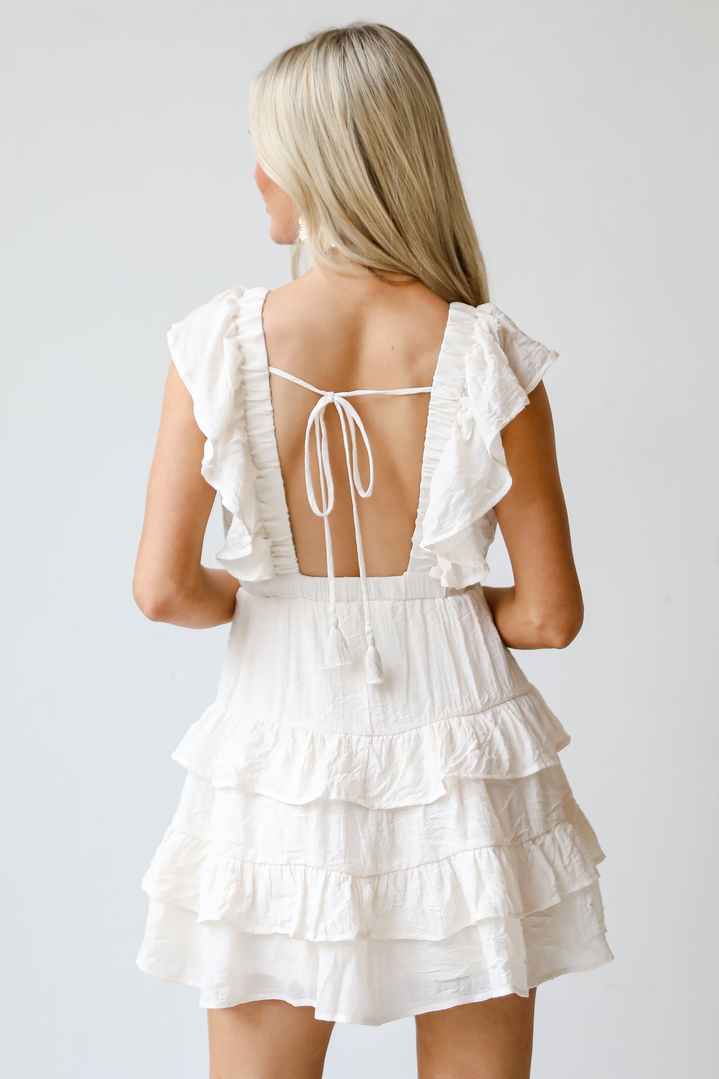 white Ruffle Mini Dress back view