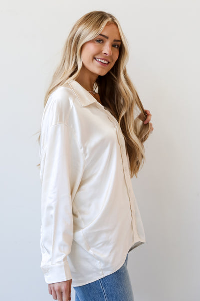 womens Ivory Satin Oversized Button-Up Blouse