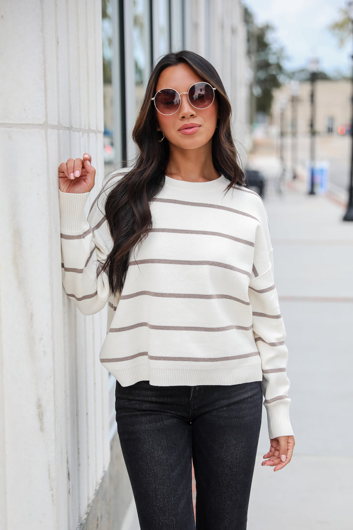 Coziest Poise Ivory Striped Sweater