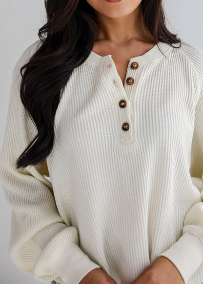 Relaxing Weekend Ivory Waffle Knit Henley Top