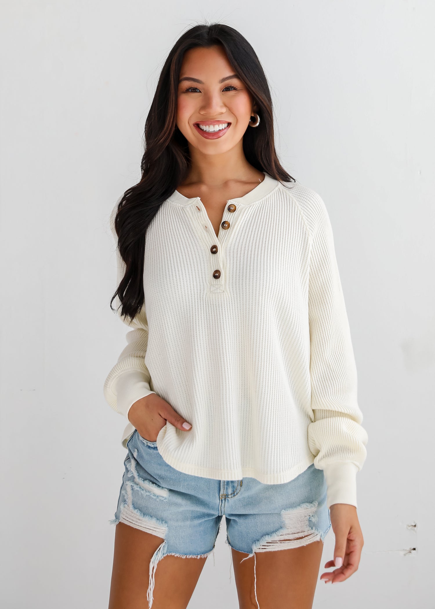 Relaxing Weekend Ivory Waffle Knit Henley Top