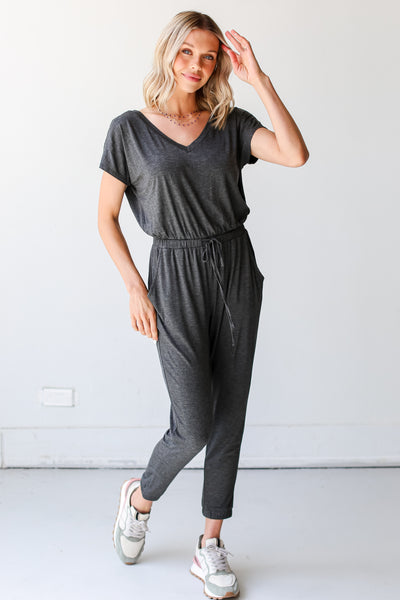 charcoal Jumpsuit with sneakers