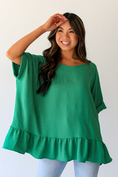 green Oversized Ruffle Blouse front view
