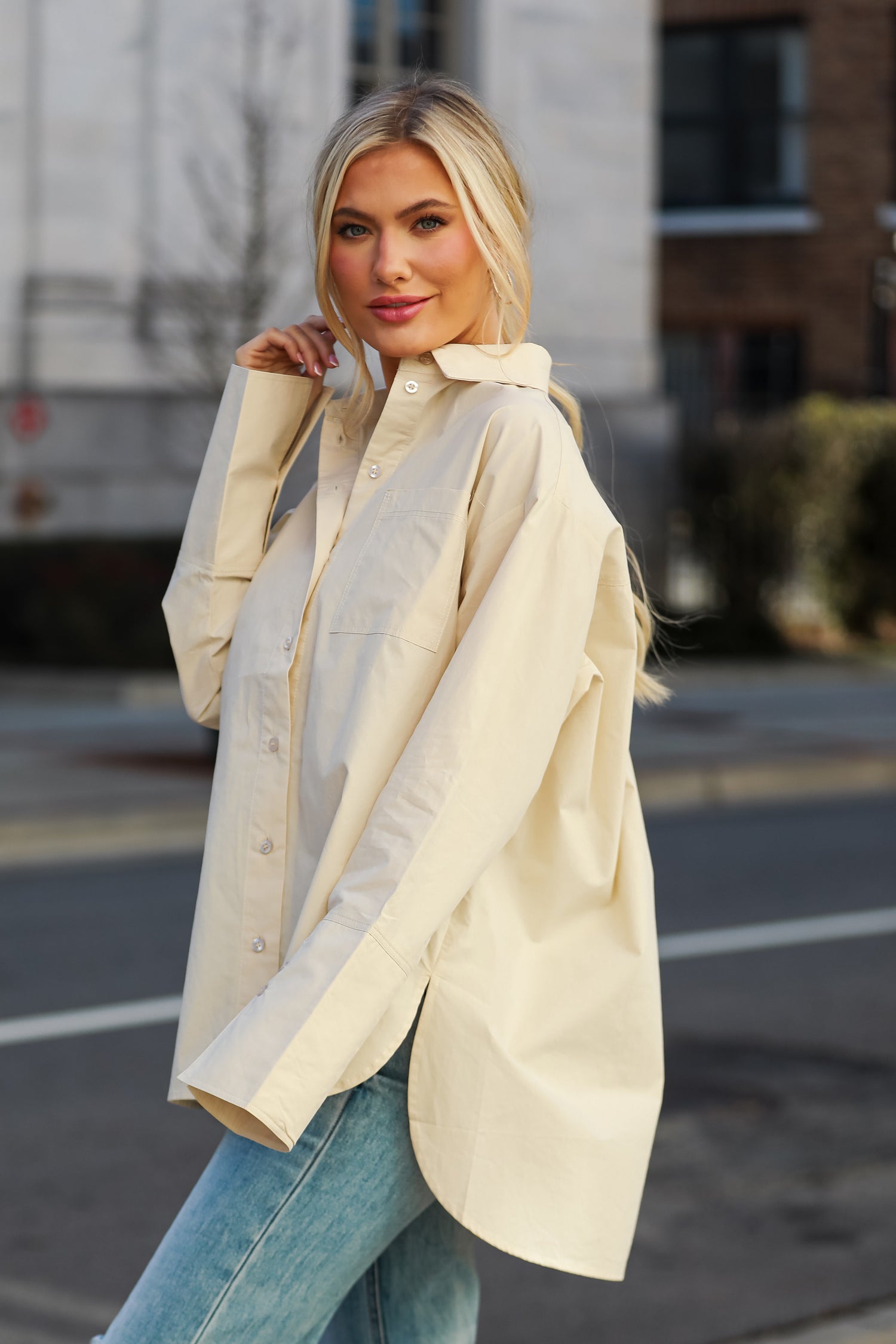 womens Khaki Button-Up Blouse