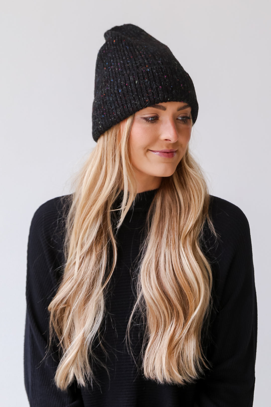 black knit Beanie on model