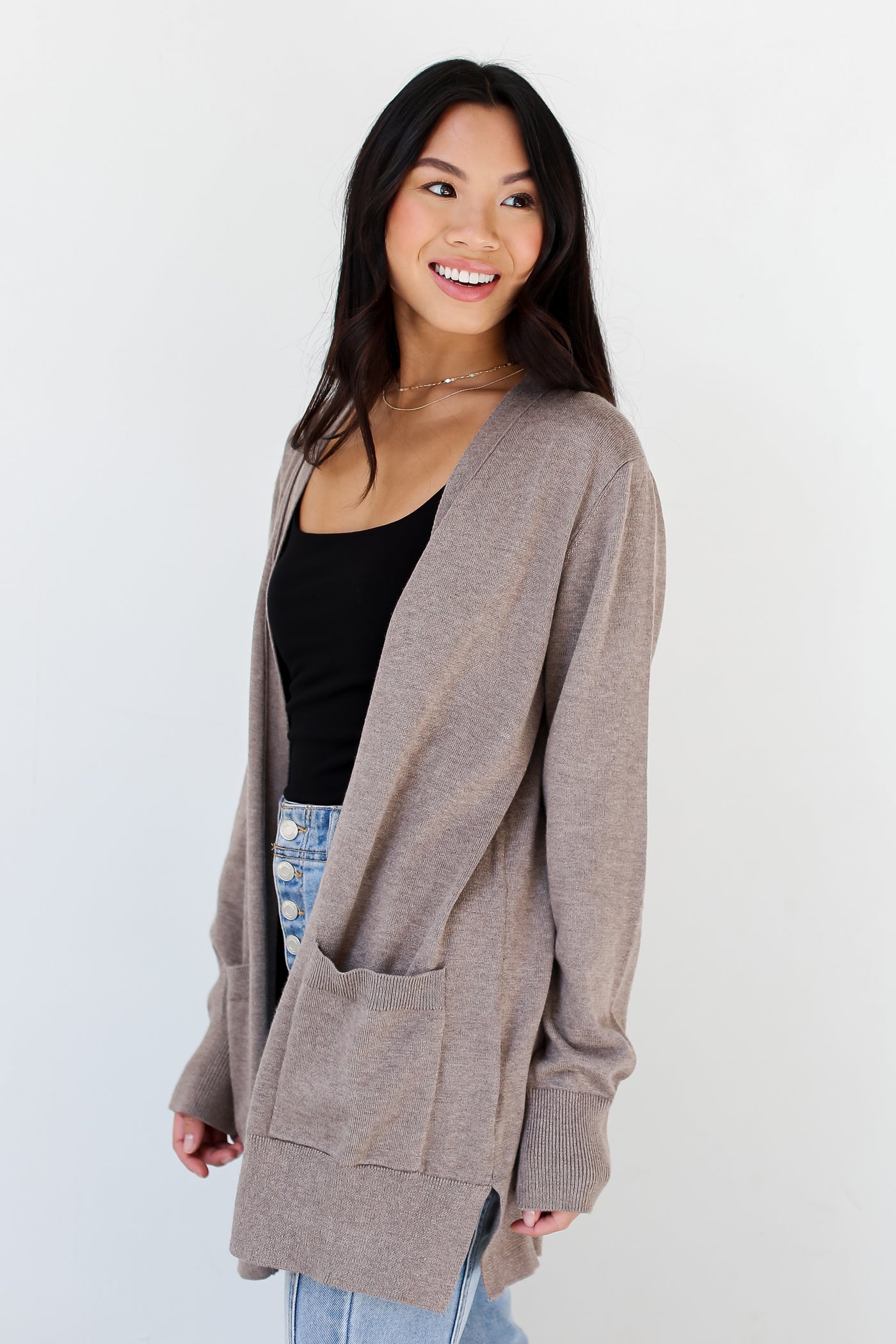 taupe lightweight Cardigan side view
