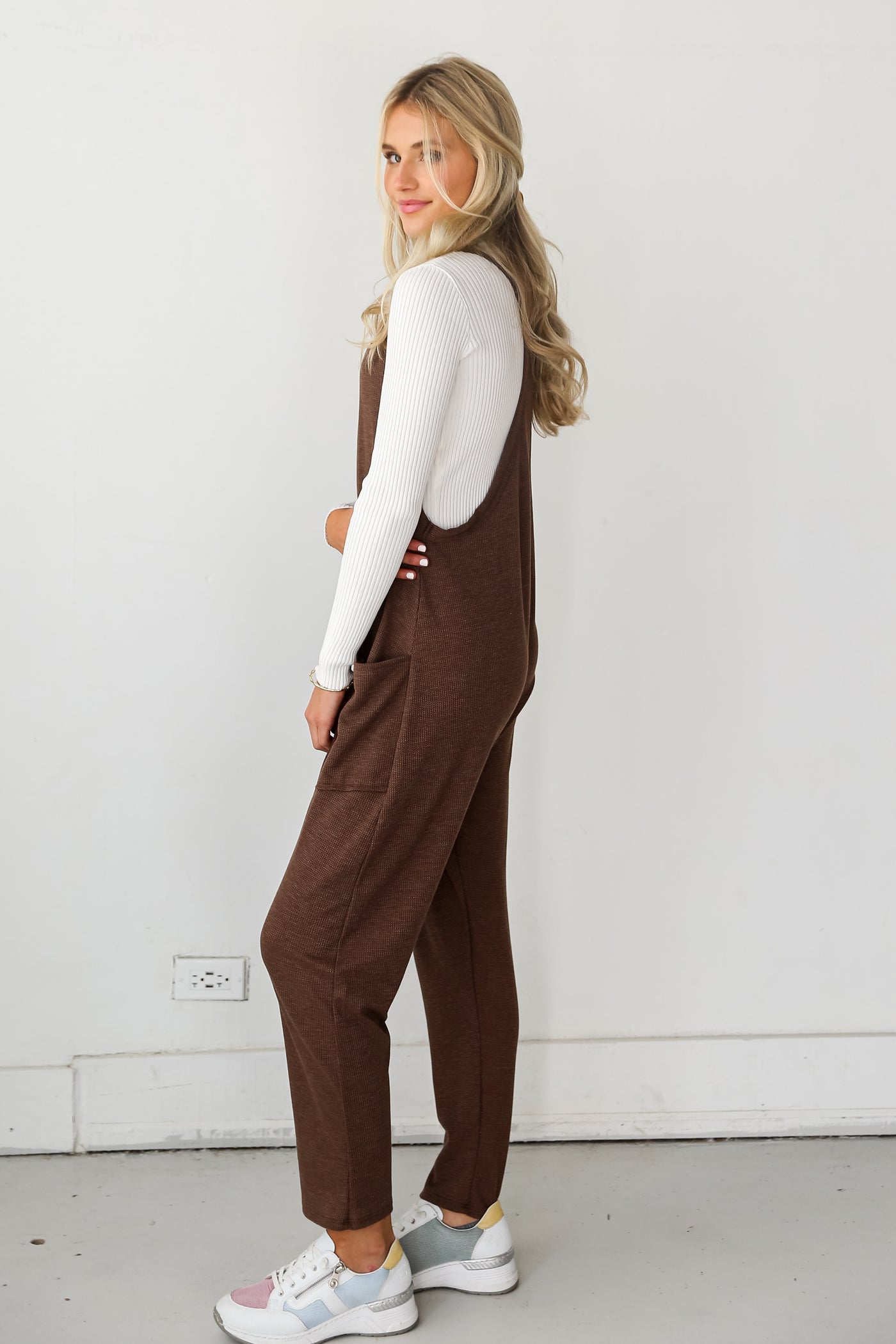 brown Waffle Knit Jumpsuit side view