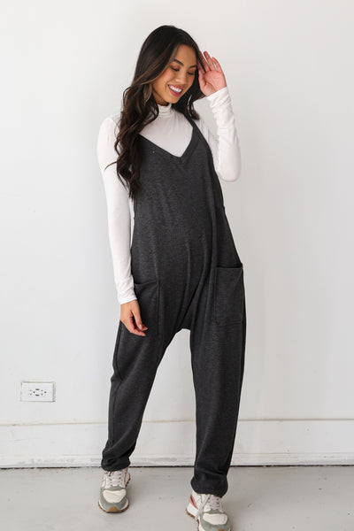 grey Waffle Knit Jumpsuit front view