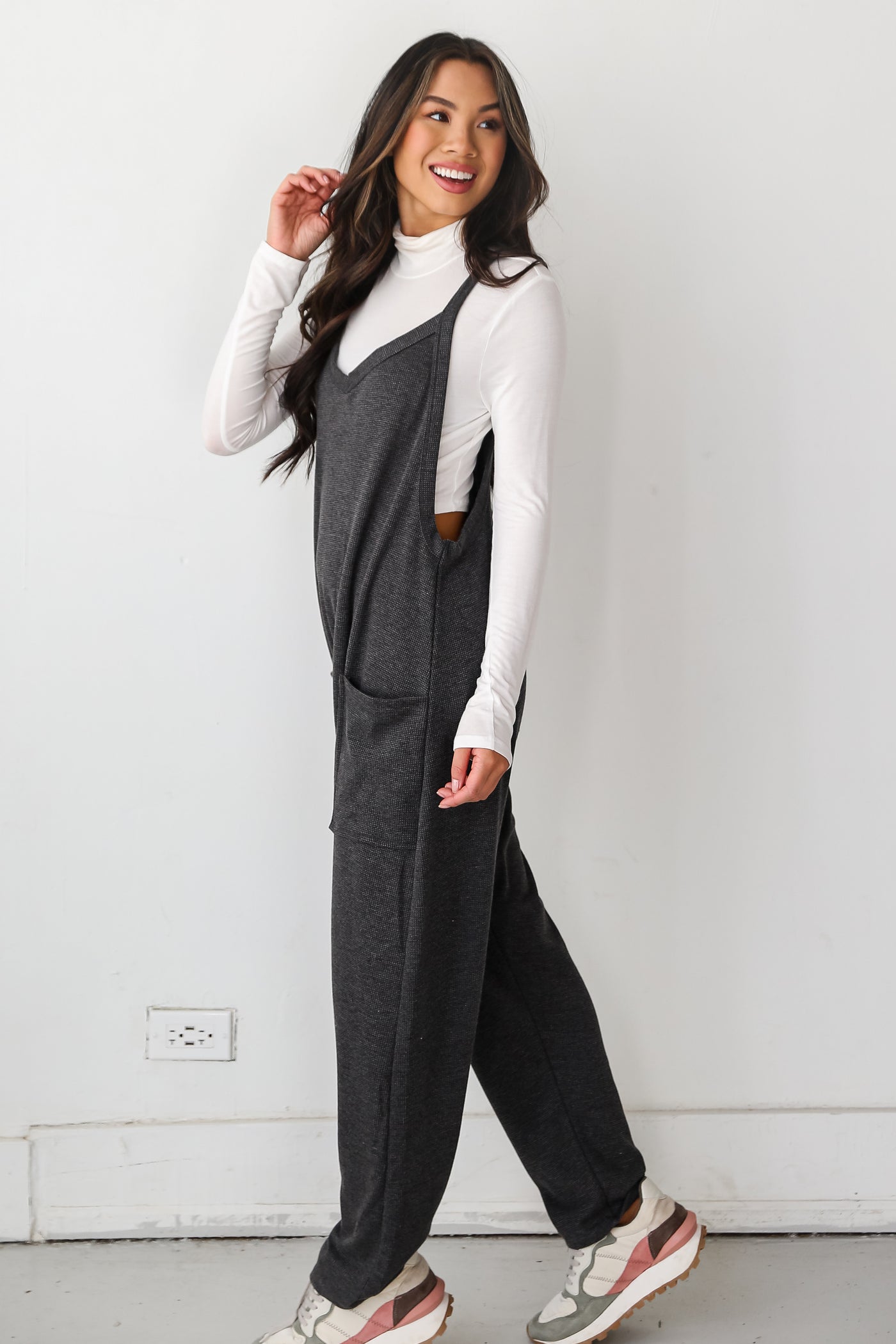grey Waffle Knit Jumpsuit side view