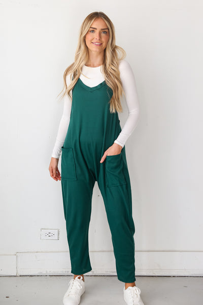 green Waffle Knit Jumpsuit front view