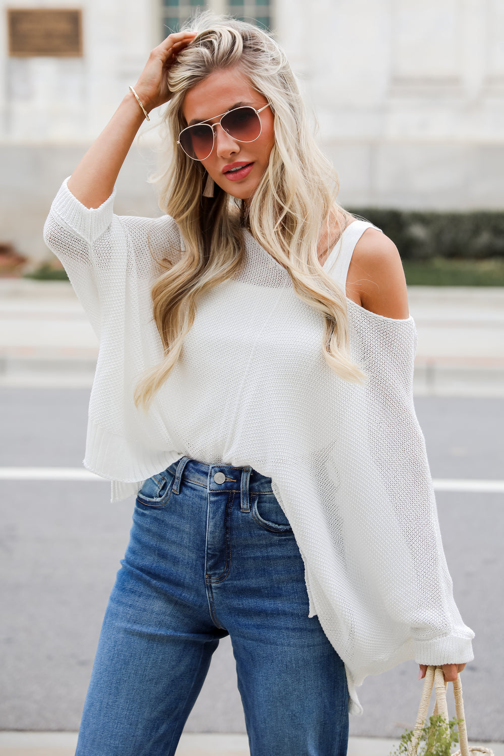 casual white Oversized Lightweight Knit Top