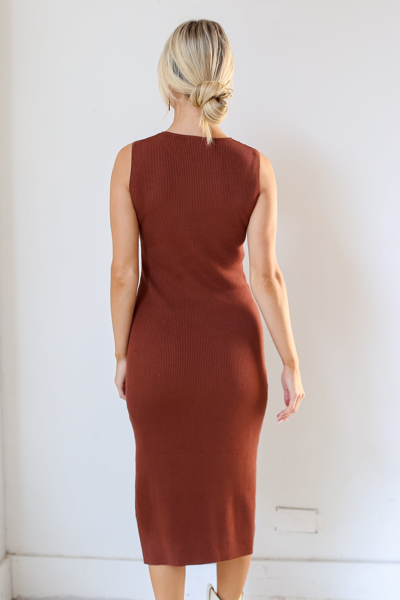 camel Ribbed Knit Midi Dress back view Online Dress Boutiques