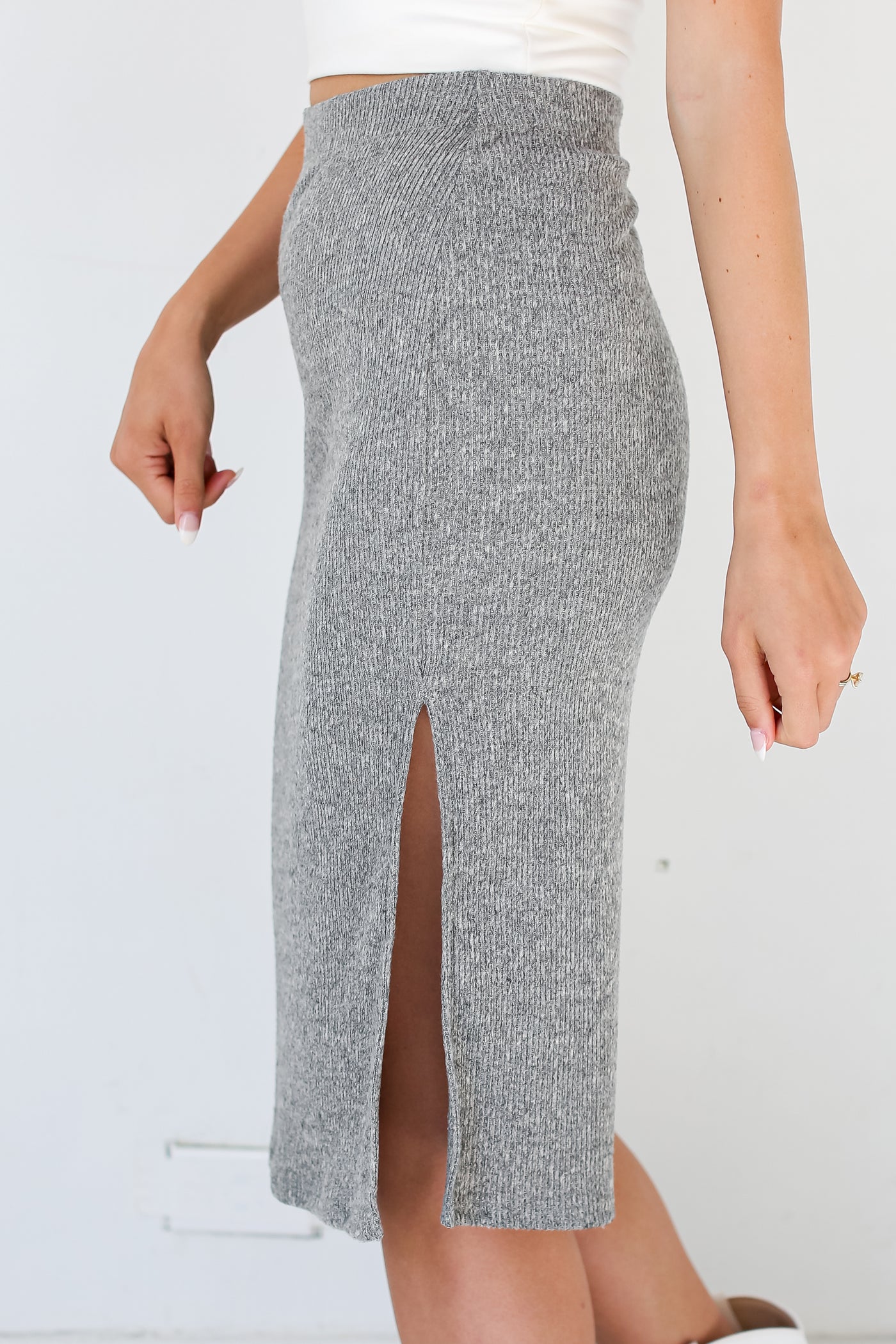 grey Ribbed Knit Midi Skirt side view