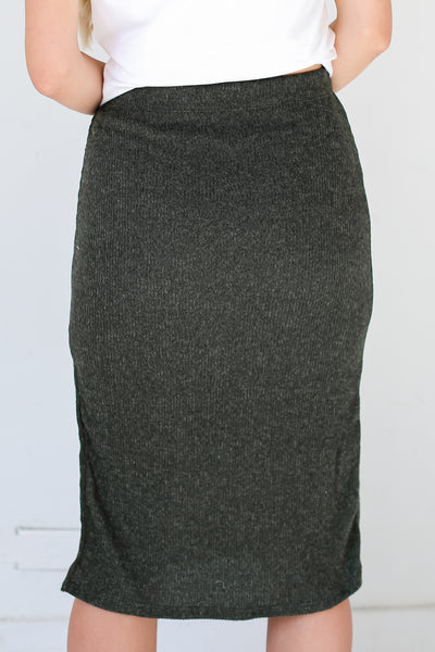 olive Ribbed Knit Midi Skirt back view