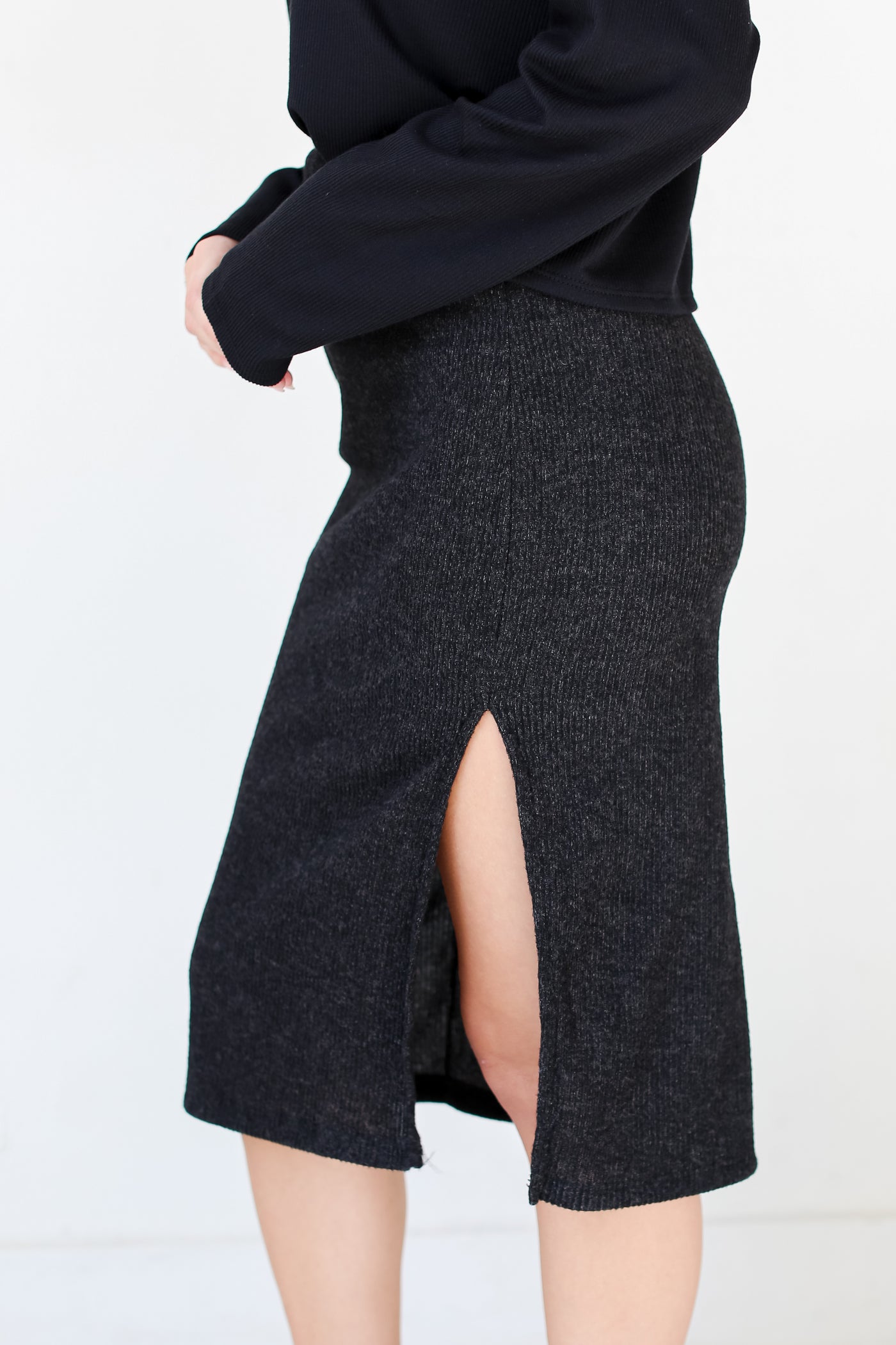 black Ribbed Knit Midi Skirt side view