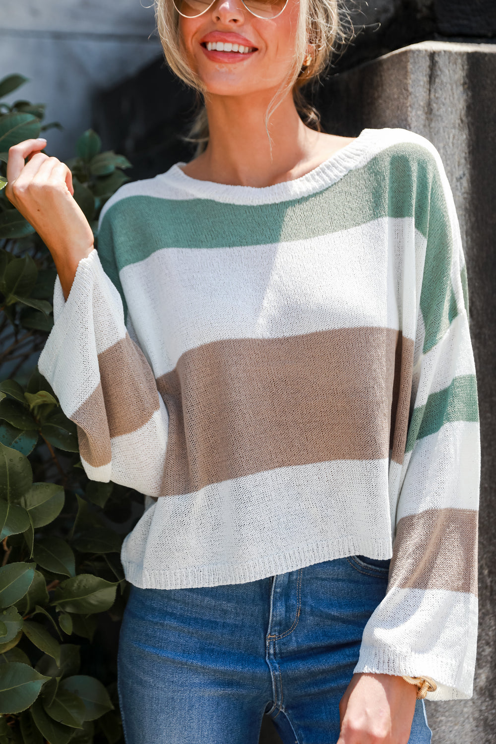 Striped Lightweight Knit Sweater on model
