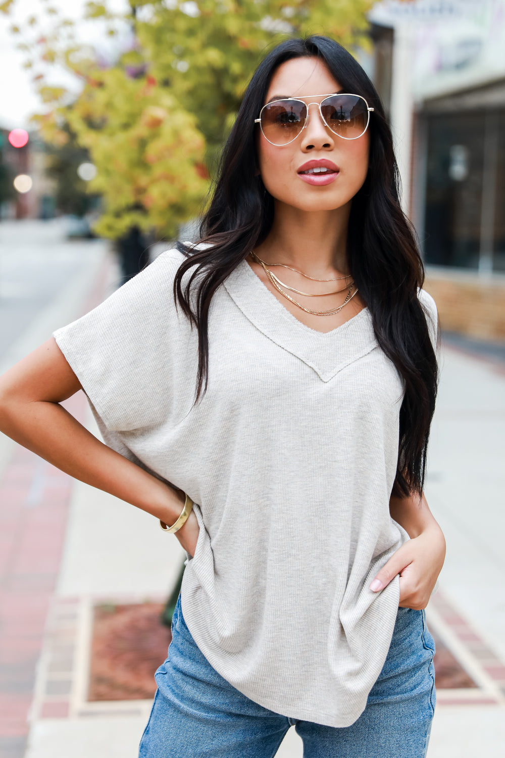 taupe Waffle Knit Tee on model