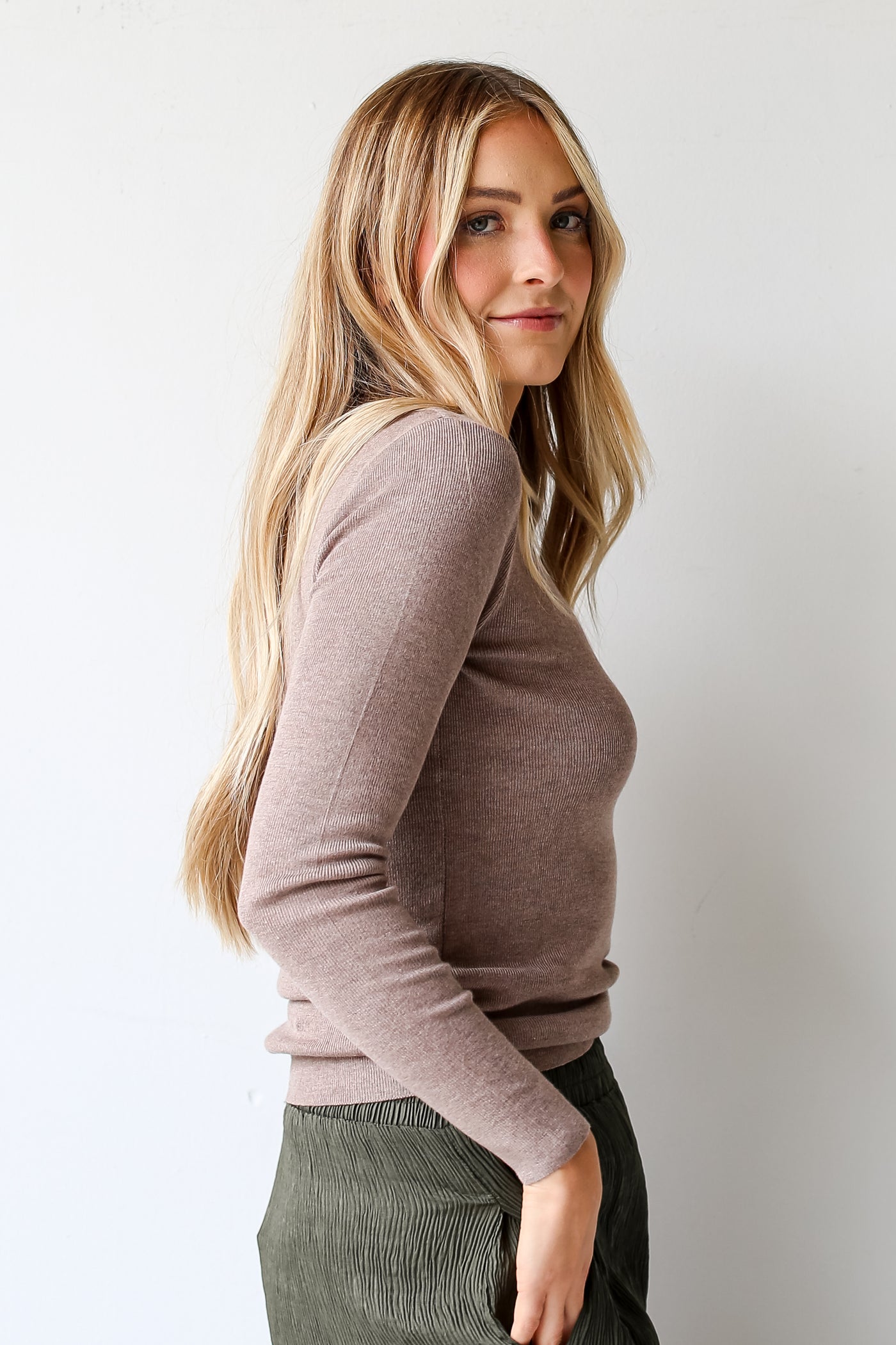 taupe long sleeve knit top