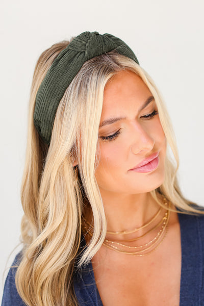 green Corduroy Knotted Headband on dress up model