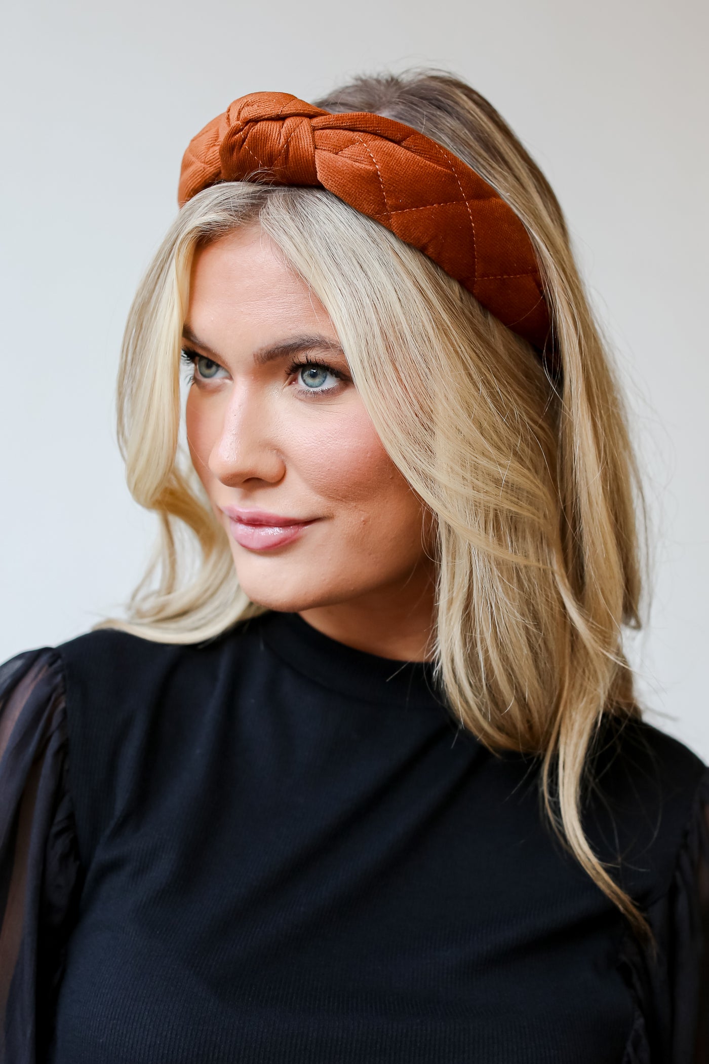 brown Corduroy Knotted Headband on dress up model