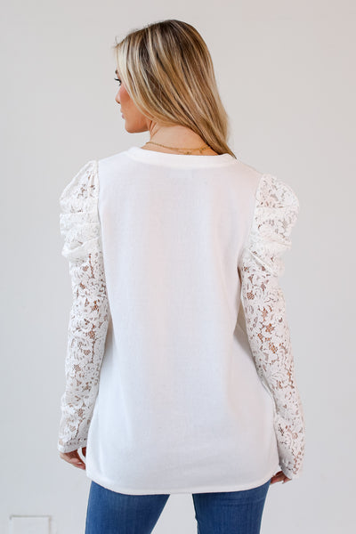 Off White Lace Sleeve Brushed Knit Top back view