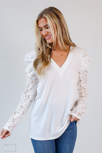 Off White Lace Sleeve Brushed Knit Top on model