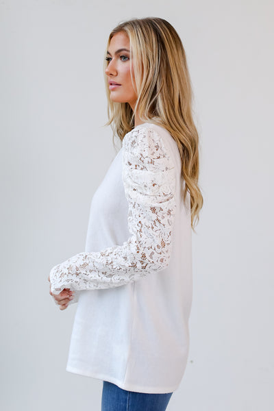 Off White Lace Sleeve Brushed Knit Top side view