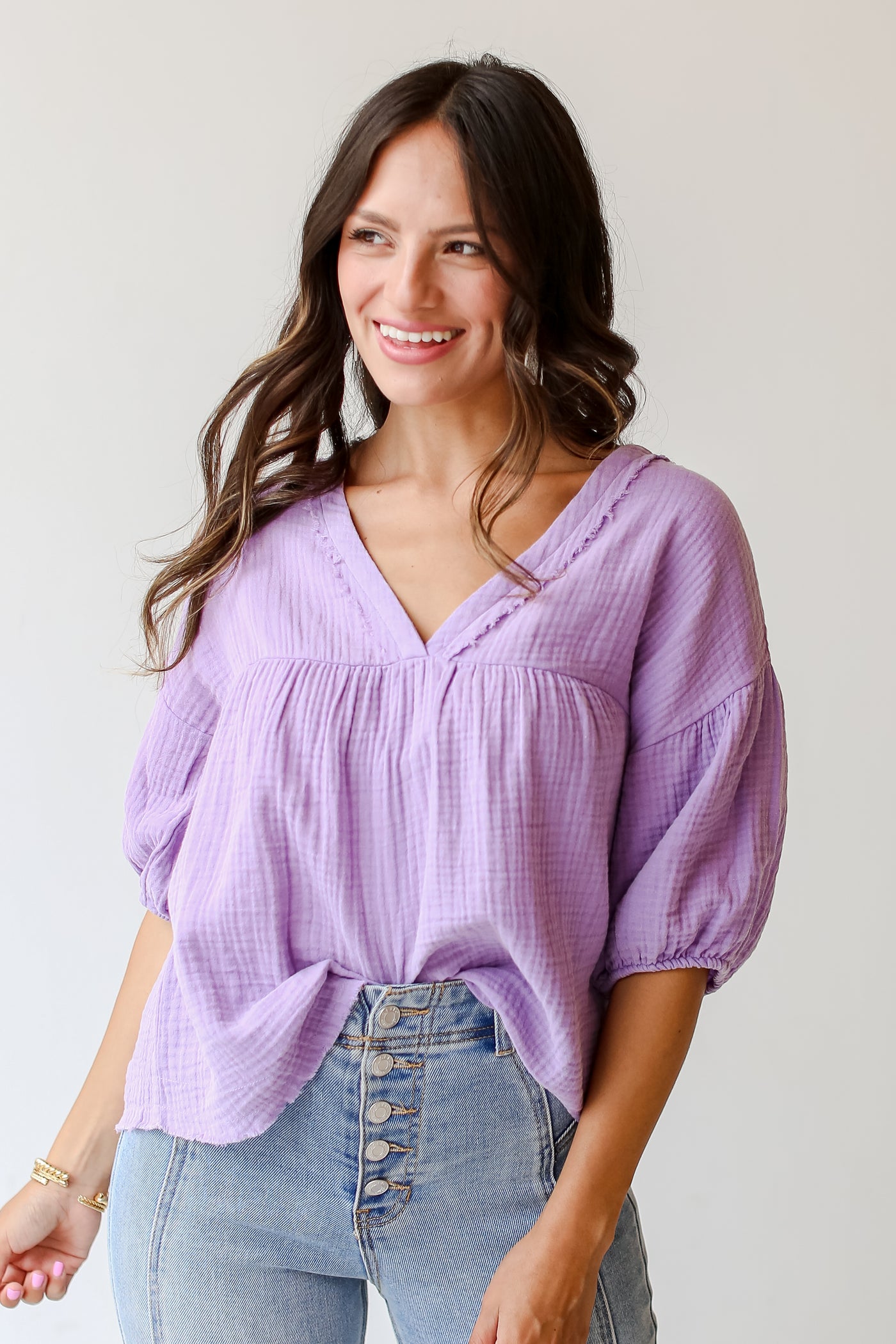 lavender Linen Babydoll Blouse tucked in