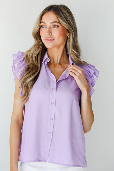 lavender Ruffle Sleeve Button-Up Blouse