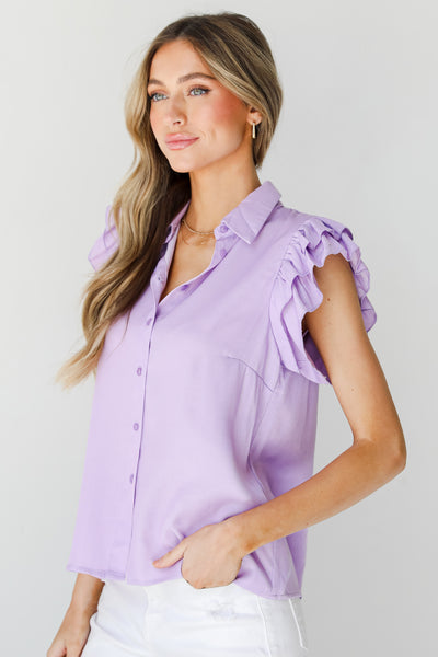 lavender Ruffle Sleeve Button-Up Blouse side view