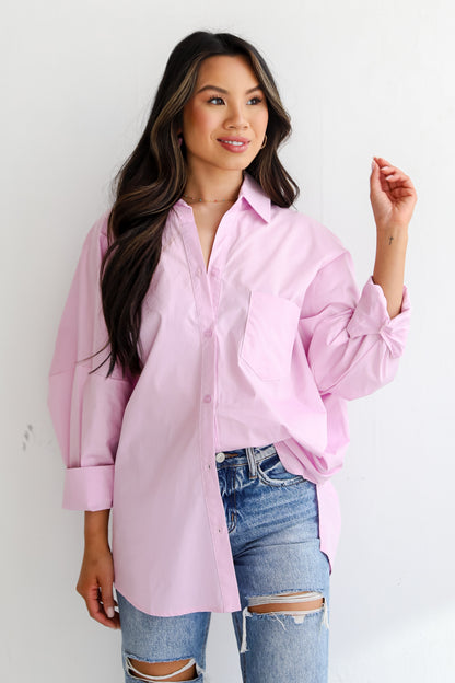 Lavender Button-Up Blouse on model