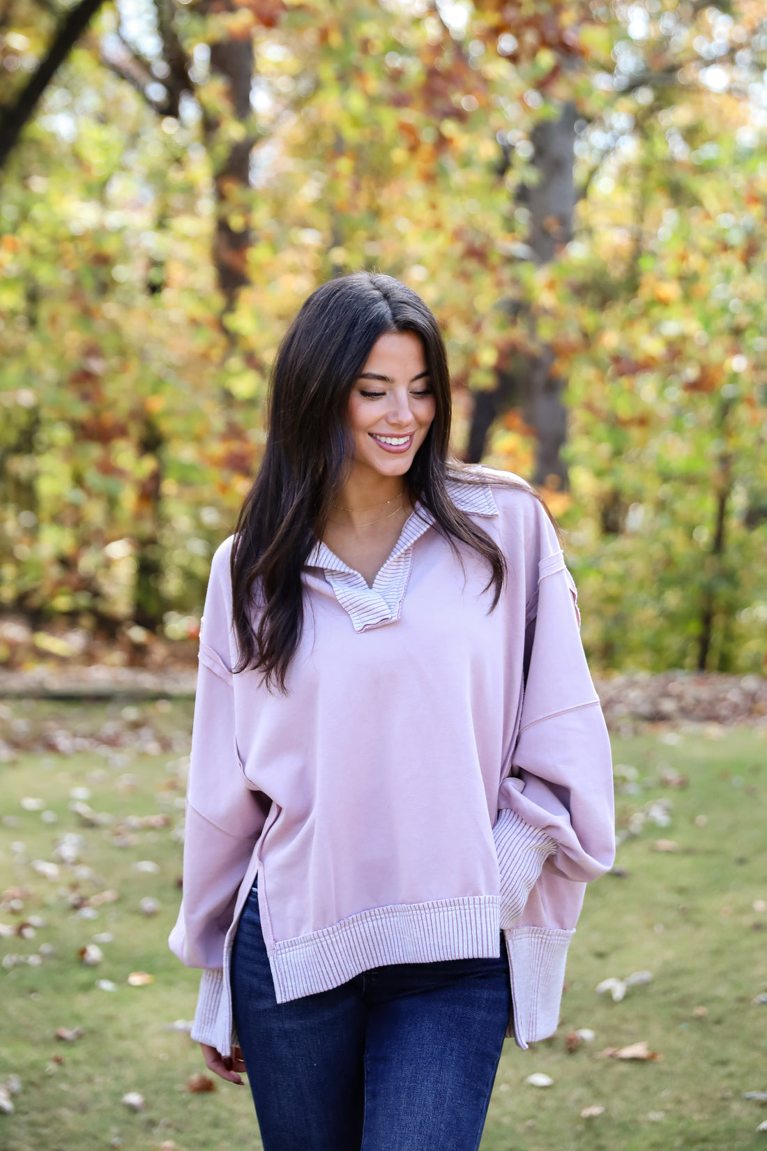 Harper Lavender Collared Contrast Pullover