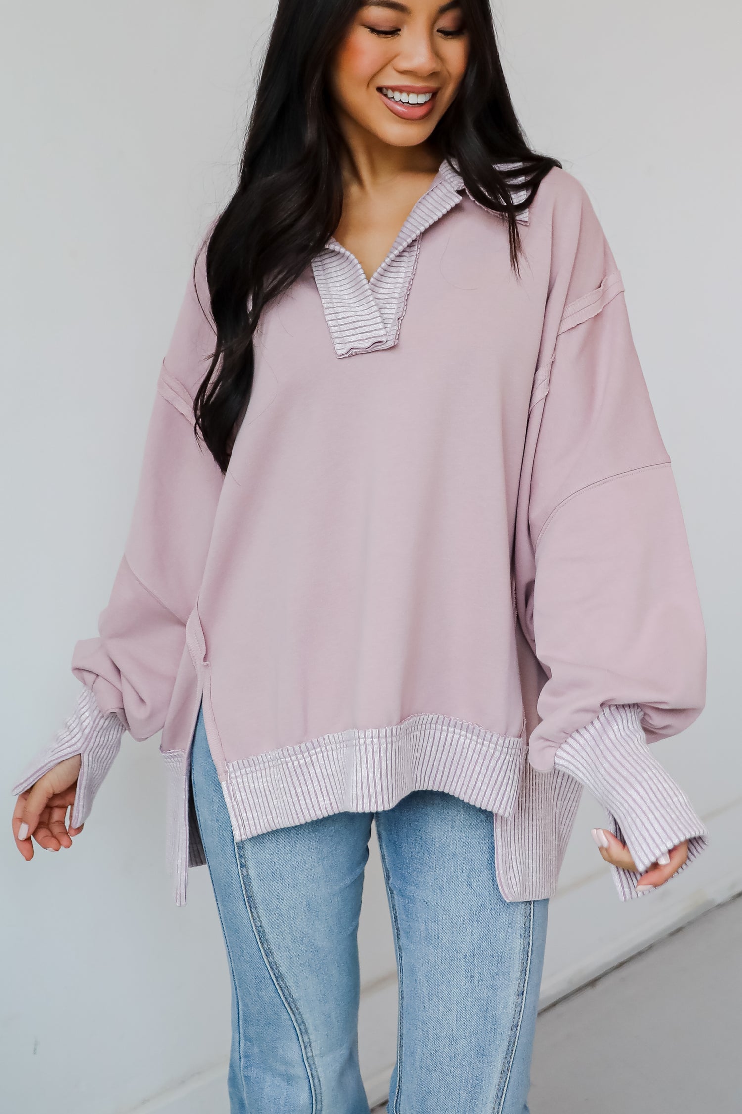 Harper Lavender Collared Contrast Pullover