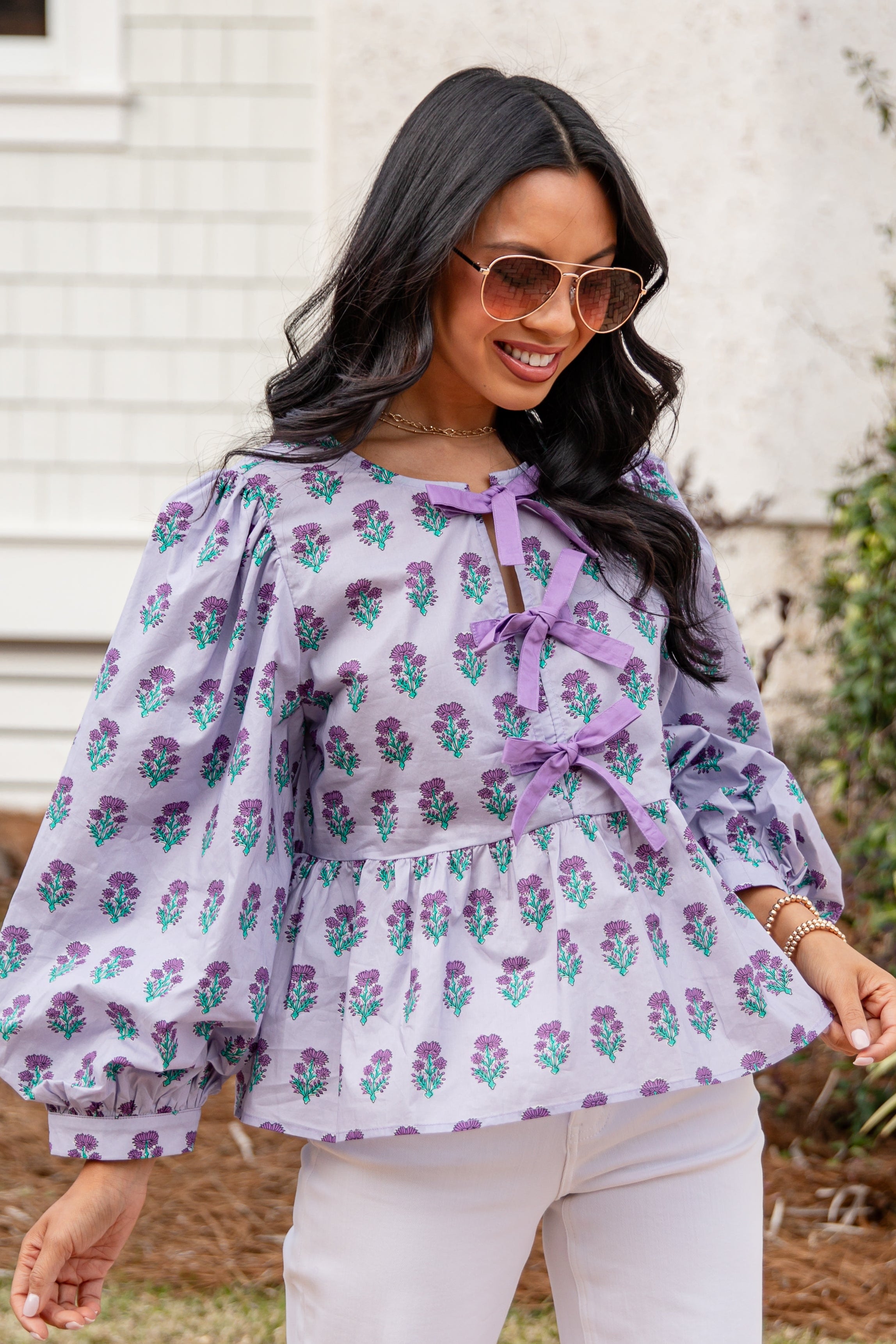 Rosewood Charm Floral Bow Front Blouse | Trendy Women's Tops