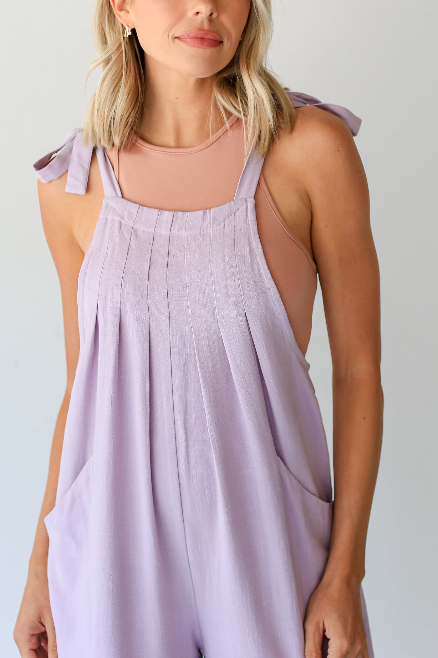 lavender Linen Jumpsuit close up