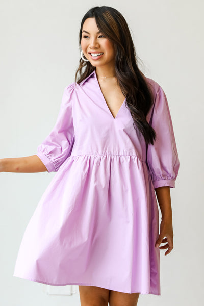lavender Babydoll Mini Dress on model