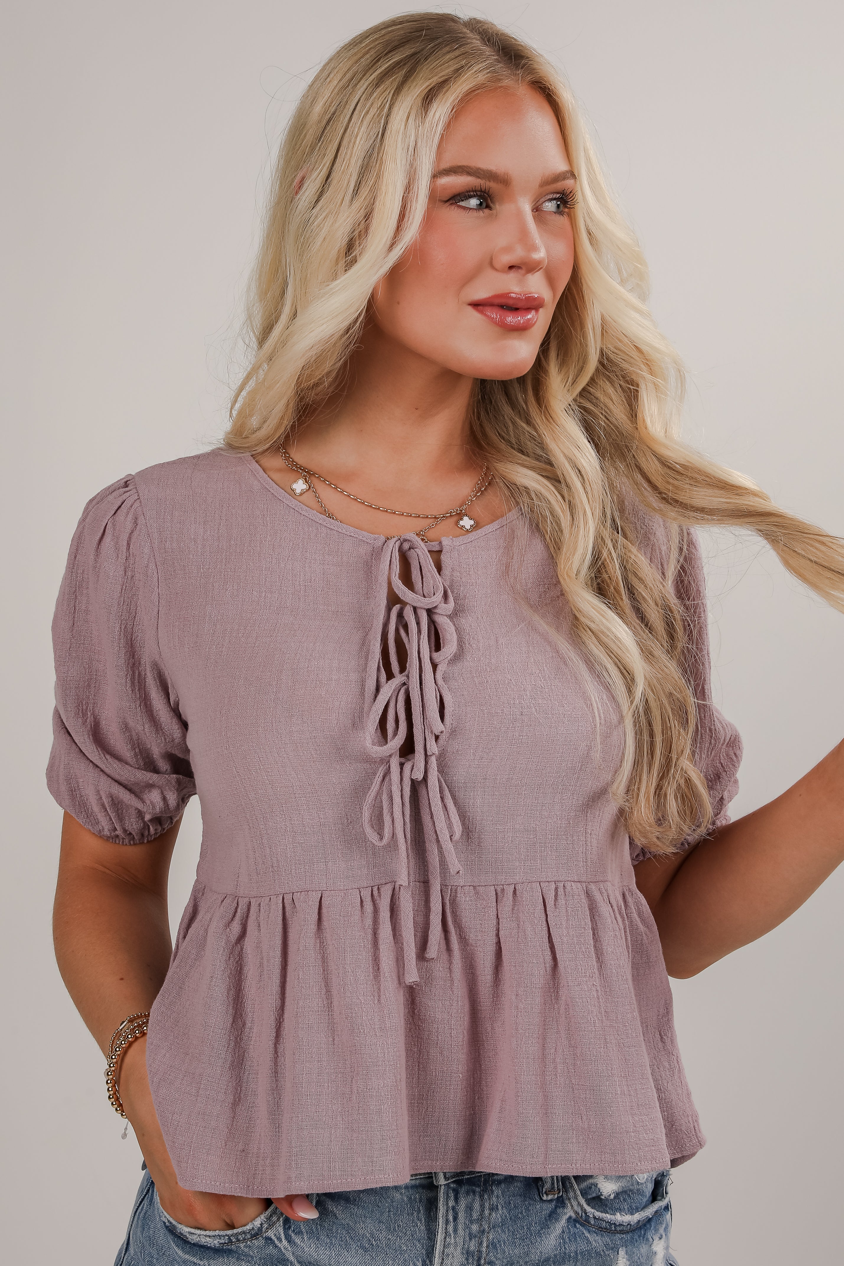 Living With Love Lavender Peplum Bow Blouse
