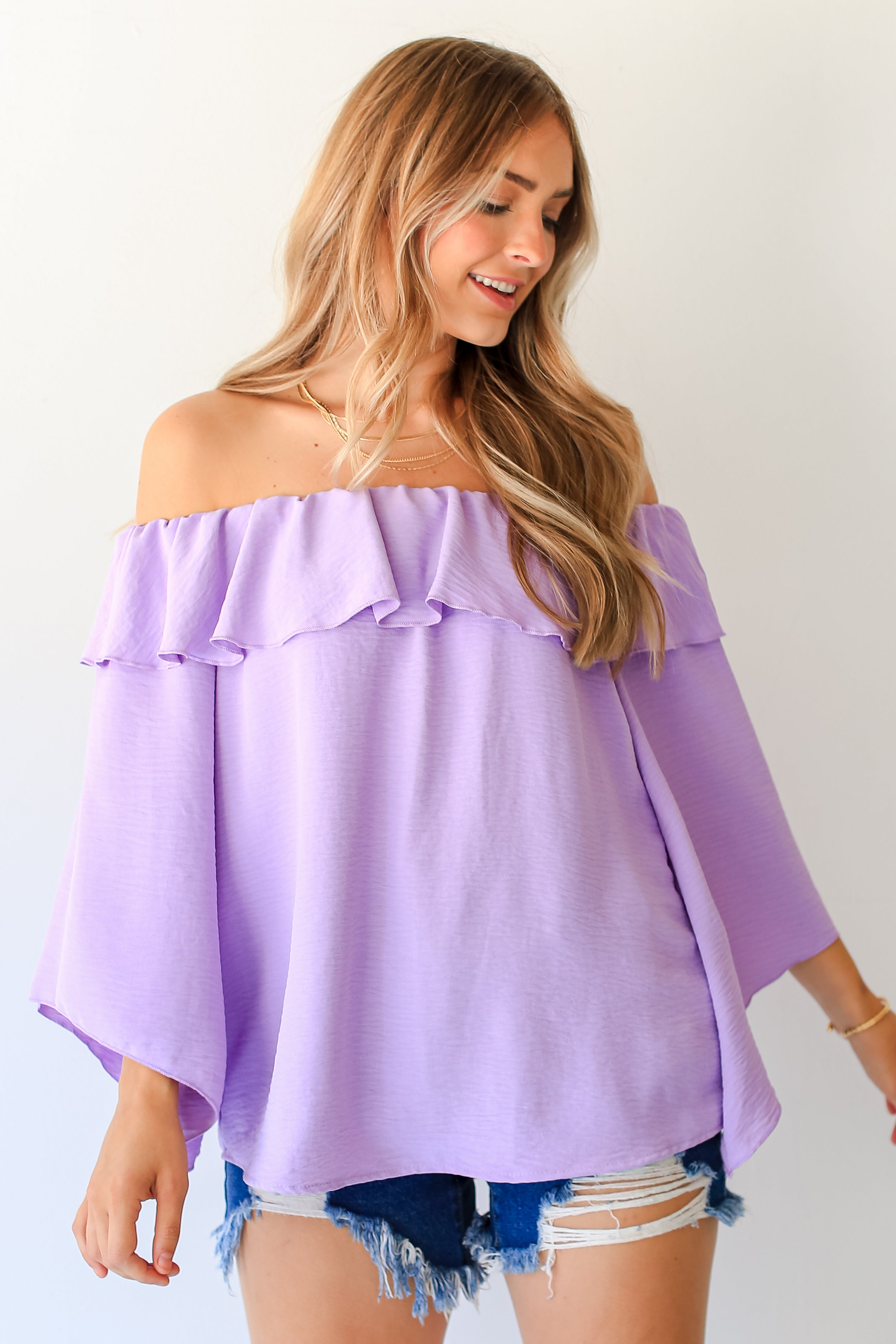 lavender Off-The-Shoulder Blouse on dress up model