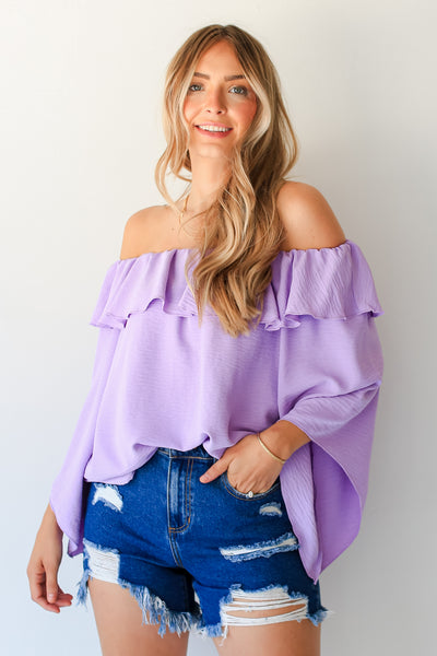 model wearing an lavender Off-The-Shoulder Blouse