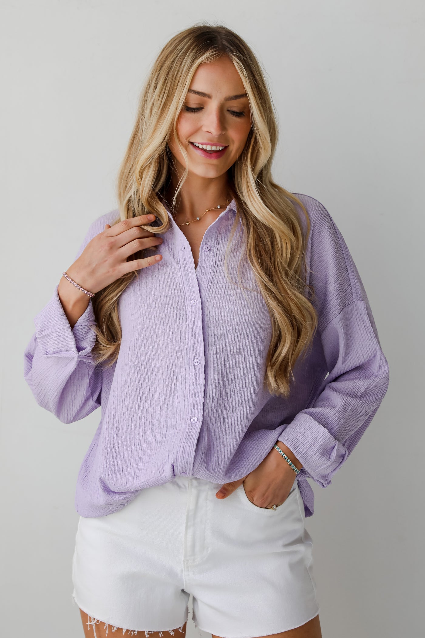 Lavender Smocked Button-Up Blouse for women