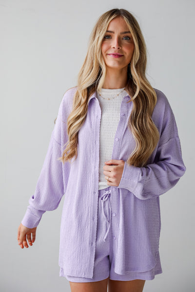 womens Lavender Smocked Button-Up Blouse. Online women's boutique