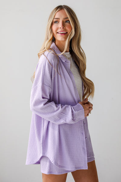 oversized Lavender Smocked Button-Up Blouse. Dress Up Boutique. women's top