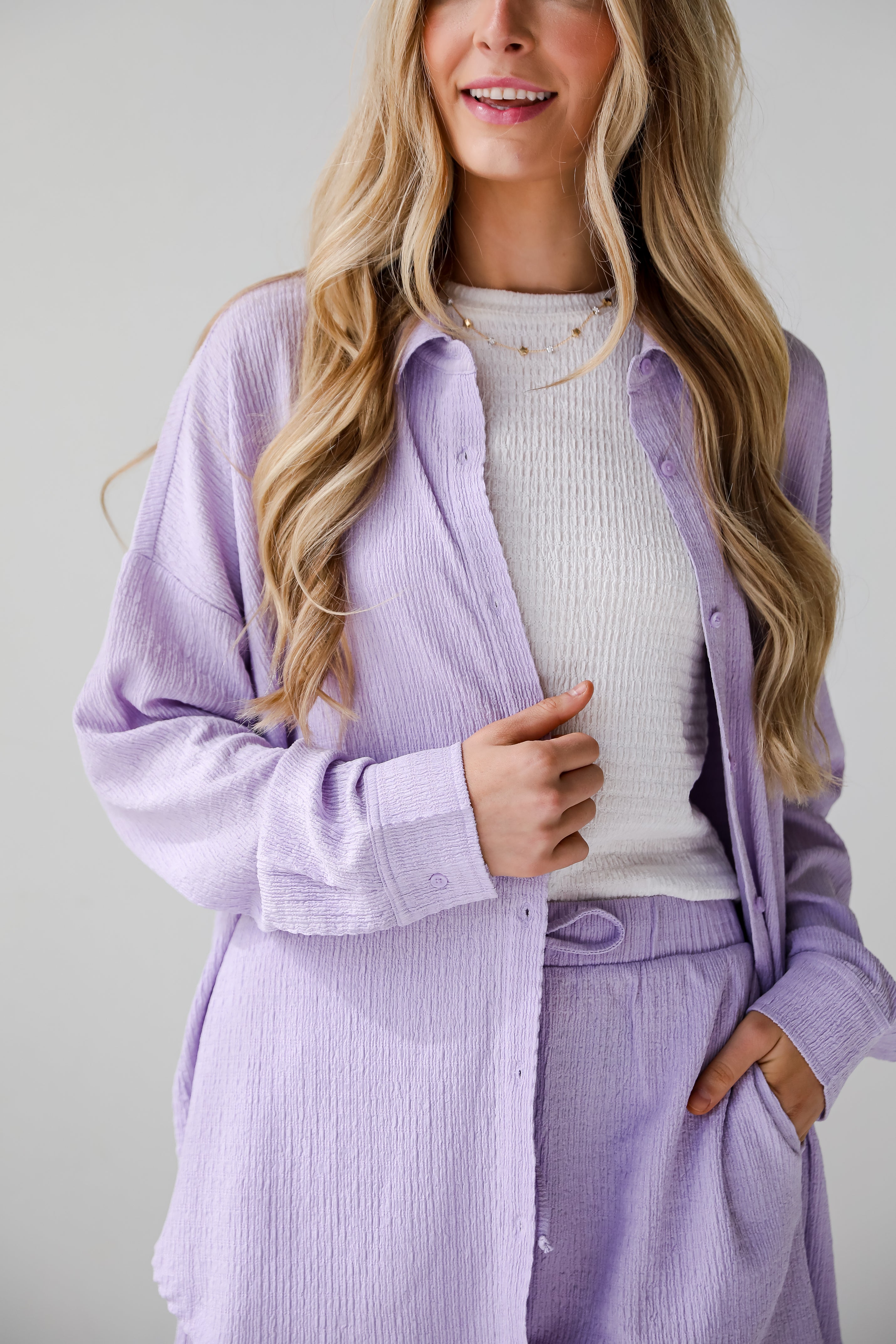 Lavender Smocked Button-Up Blouse for women Cute online women&