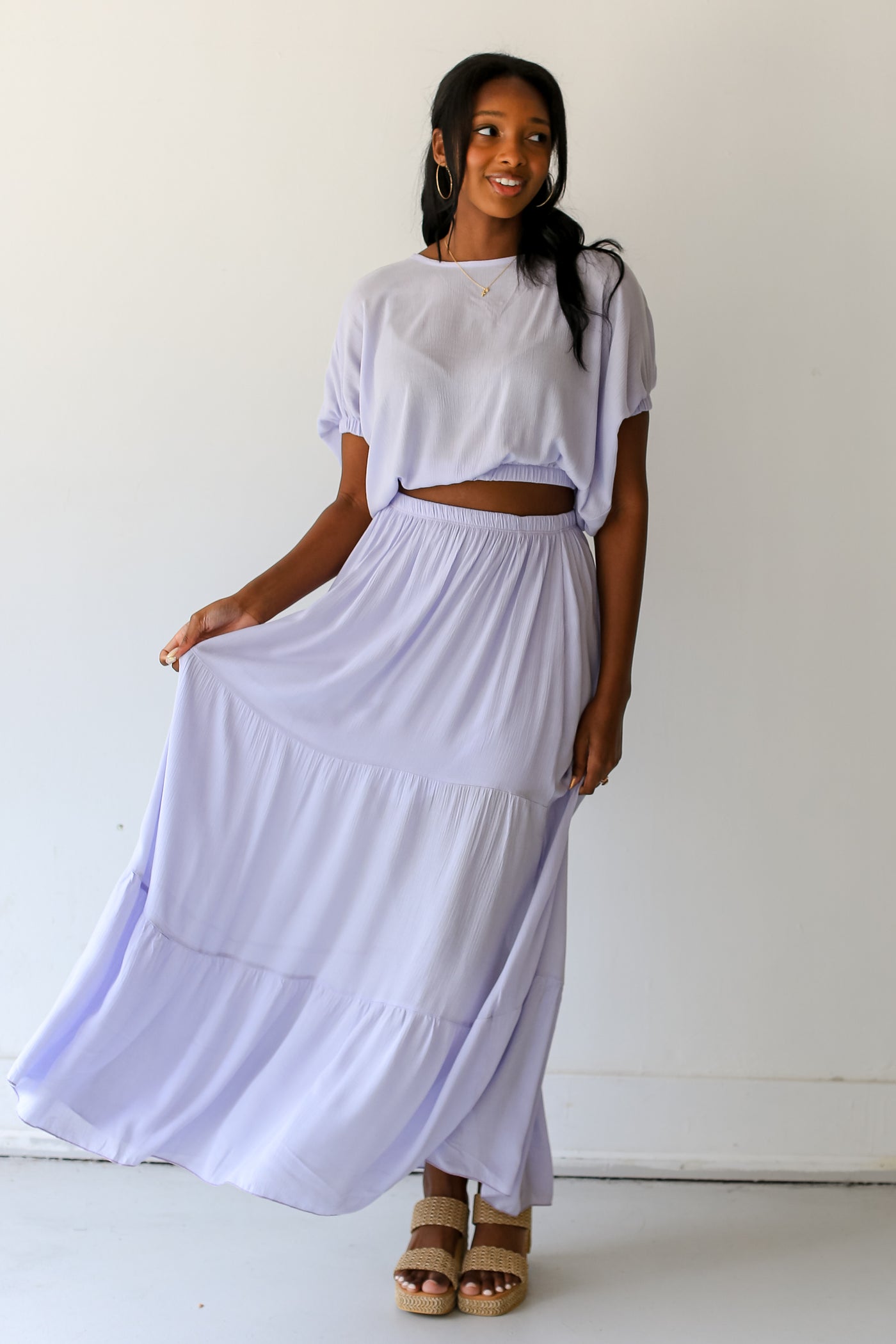 purple Tiered Maxi Skirt on dress up model