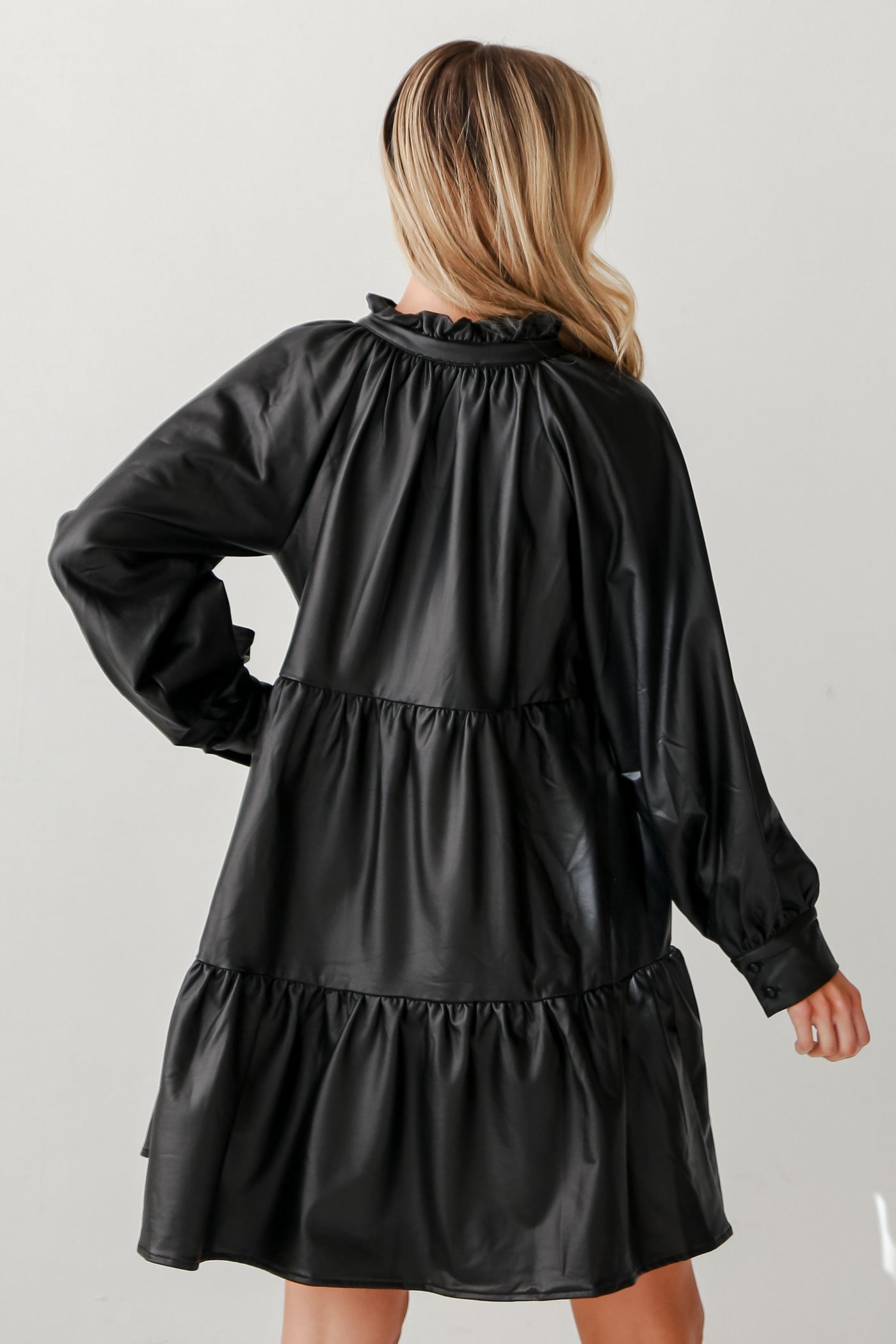 cute Black Tiered Leather Mini Dress