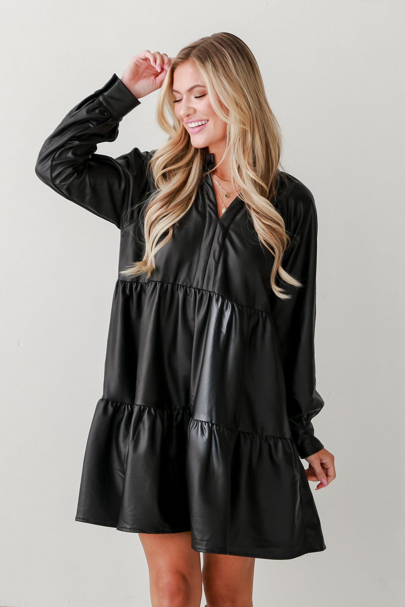 trendy Black Tiered Leather Mini Dress