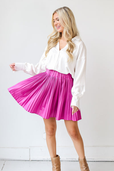 pink Pleated Mini Skirt on model