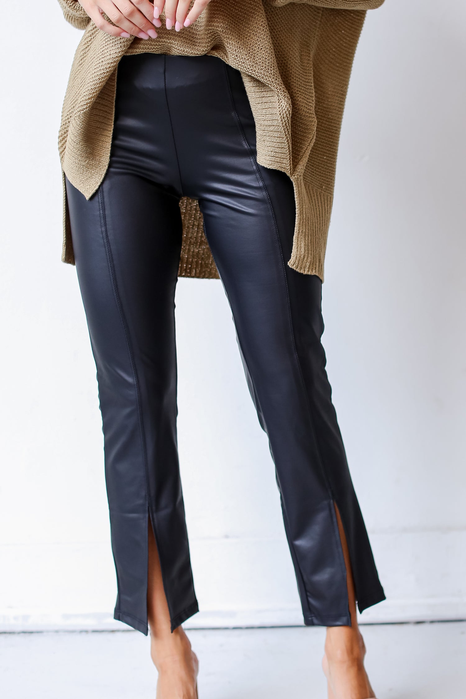 black Leather Split Hem Pants on dress up model