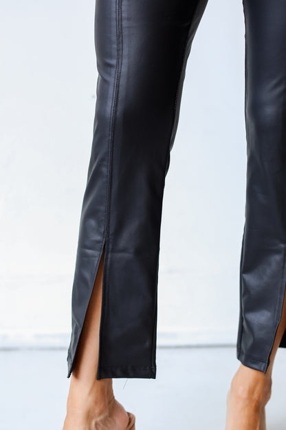 black Leather Split Hem Pants close up