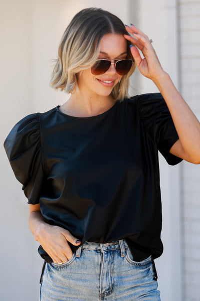 Black Puff Sleeve Leather Blouse